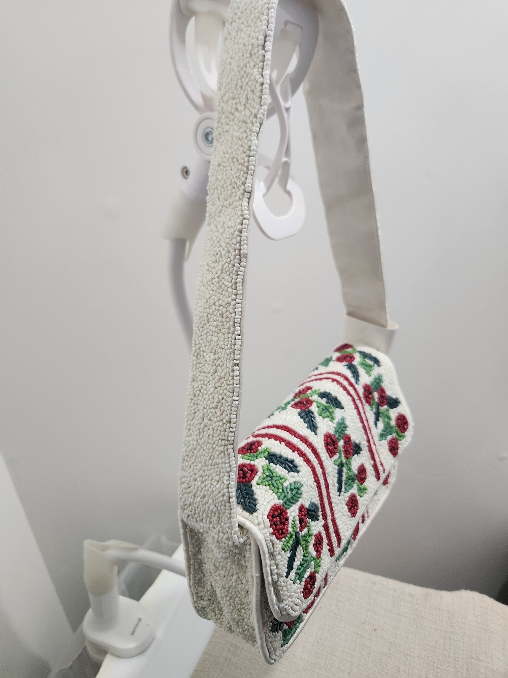 Beaded Holly Berry Crossbody Bag - White with Red & Green - Picture 2 of 7